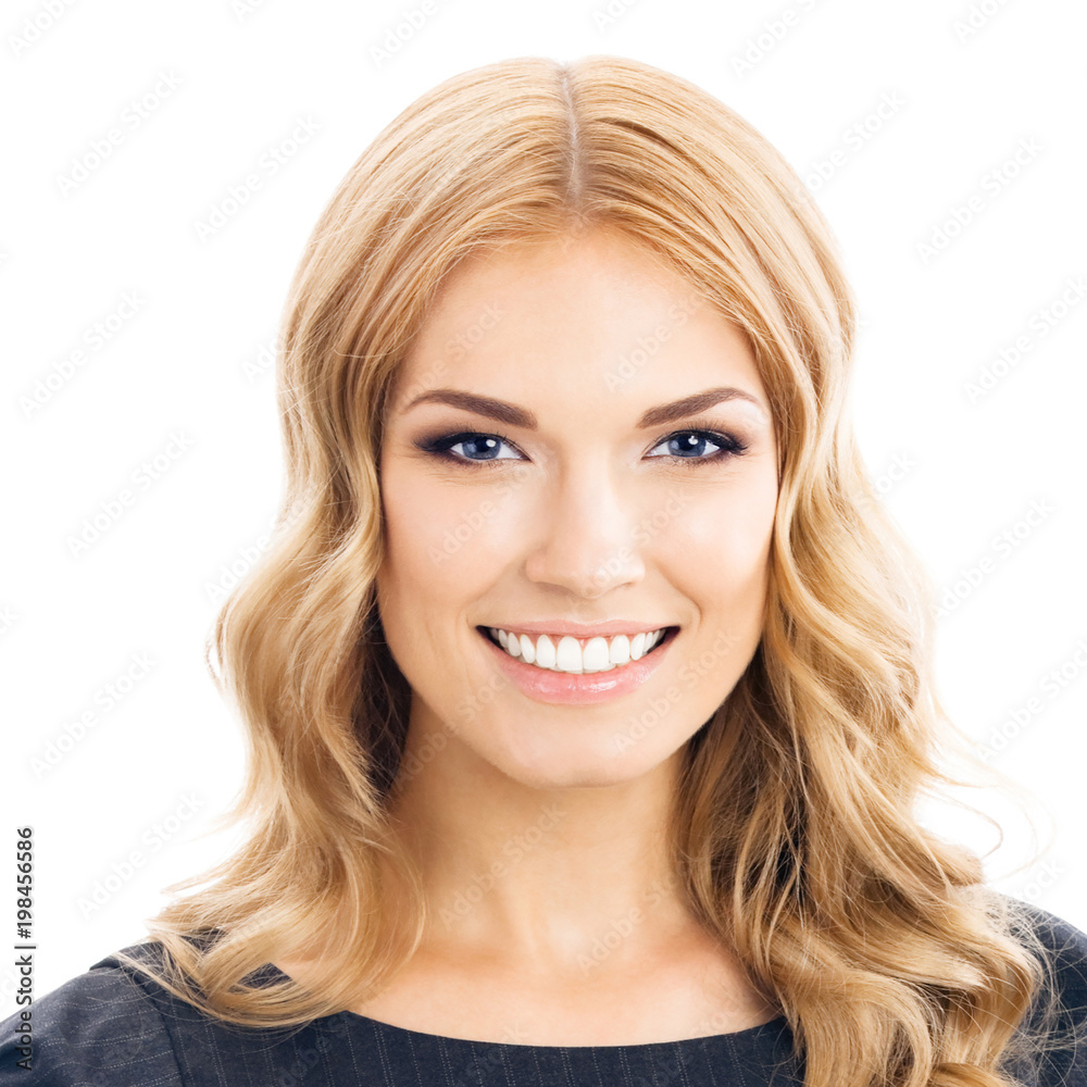 Young cheerful business woman, on white Young cheerful business woman, on white