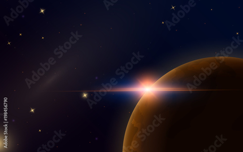 Fototapeta Naklejka Na Ścianę i Meble -  Sunrise in space. Red Planet Mars. Astronomical galaxy background. Light in the night sky. Solar system for the banner. Modern design of the universe for cards.