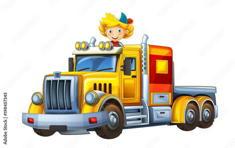 cartoon scene with happy and funny child - boy in cargo truck without trailer - illustration for children