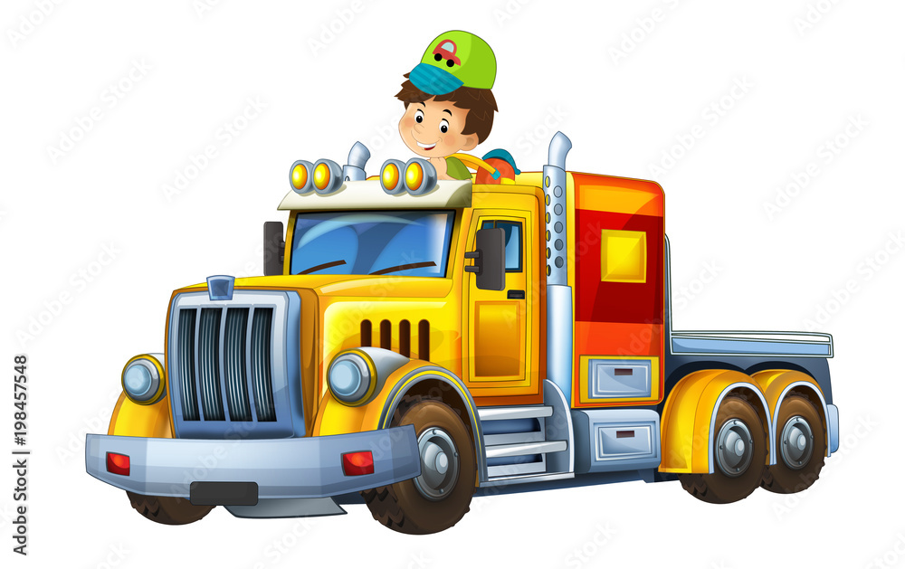 Naklejka premium cartoon scene with happy and funny child - boy in cargo truck without trailer - illustration for children