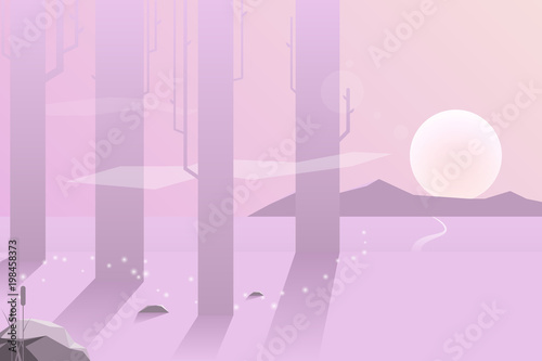 Landscape with forest at sunset over mountains.