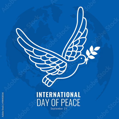 International Day of peace - White dove bird with leaf and blue world map background vector design