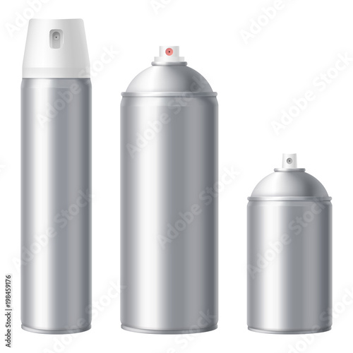 Metallic spray can mock up isolated on white background. Blank aerosol can mock-up set. Large, medium and small volume. Deodorant, paint, spray from insects. Vector eps 10.