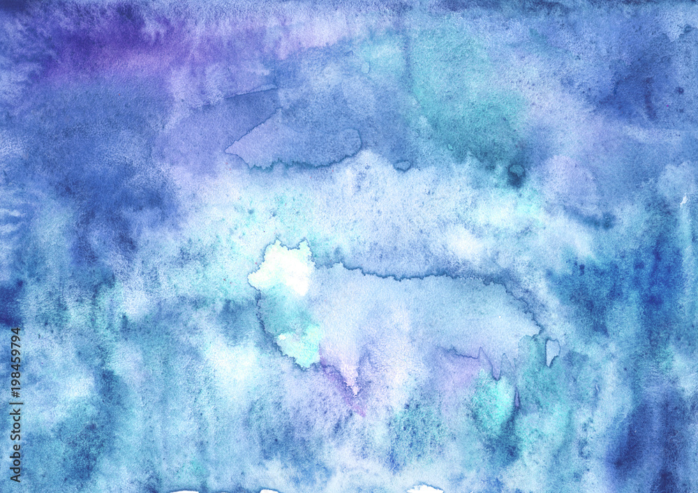 Watercolor blue background, blot, blob, splash of blue, purple paint on white background. Watercolor blue, purple sky, spot, abstraction. Abstract art illustration, scenic background