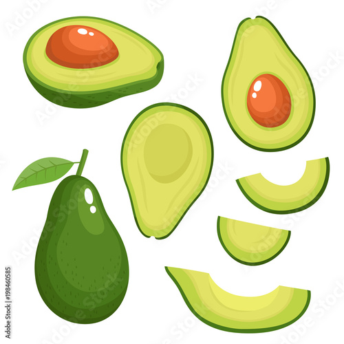 Bright vector set of colorful fresh avocado.