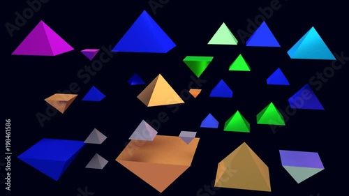 3D-Rendering von schwebenden, langsam rotierenden, glänzenden Pyramiden