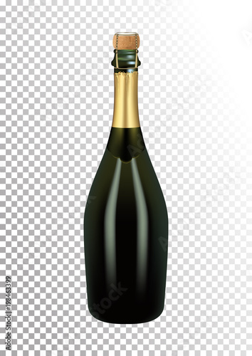 Vector illustration of a bottle of champagne or sparkling wine with a stopper and a wire in photorealistic style. A realistic object on a transparent background. 3D Realism.