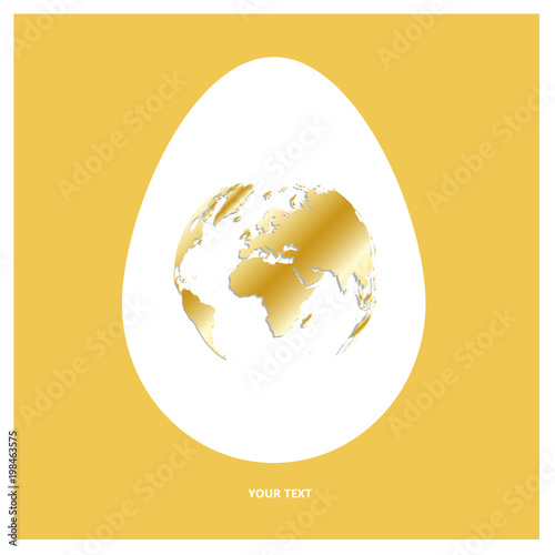 Vector logo white egg with shining golden world map. Planet Earth in form of egg yolk on light brown or yellow background with copy-space for your text