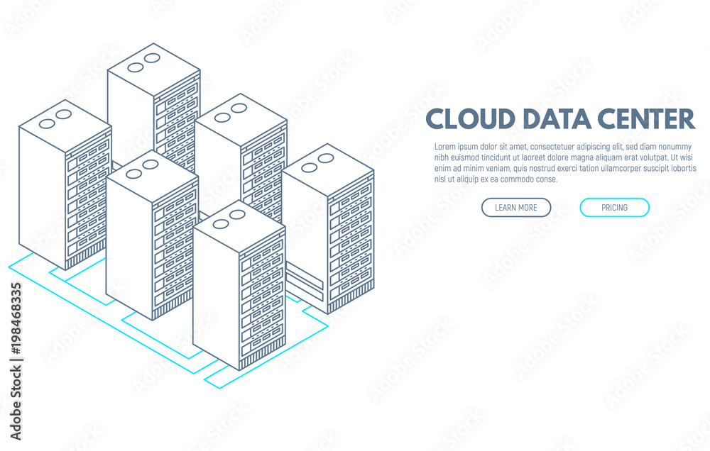 Data center banner. Servers isometric vector line illustration. Cloud hosting concept. Internet technology database.