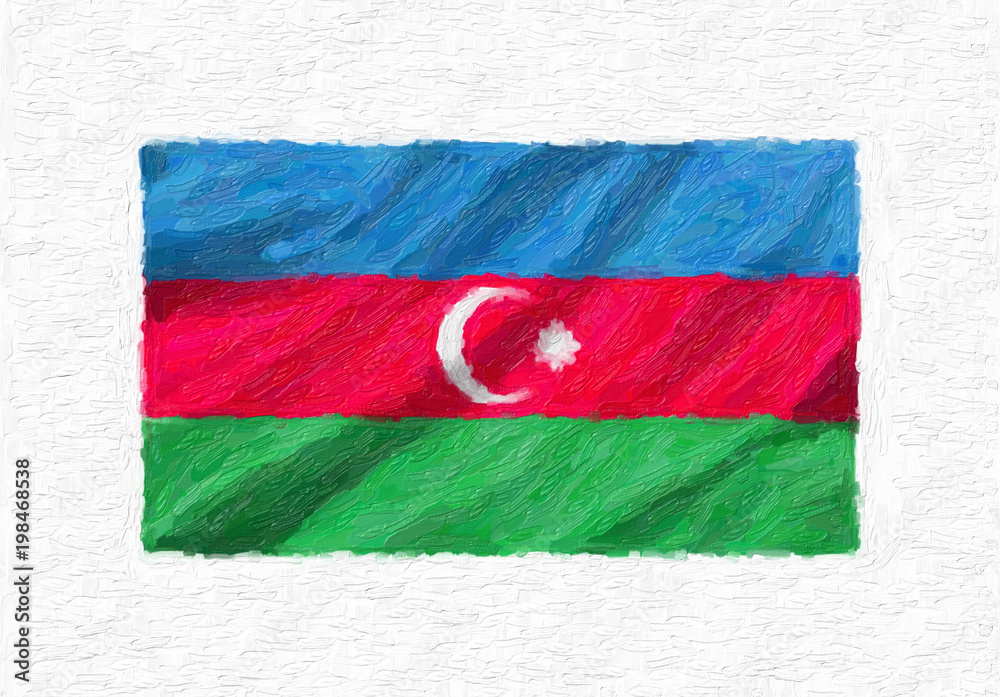 Azerbaijan hand painted waving national flag, oil paint isolated on white canvas, 3D illustration.