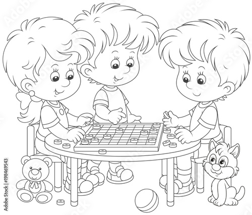 Little children playing checkers, a black and white vector illustration in a cartoon style for a coloring book