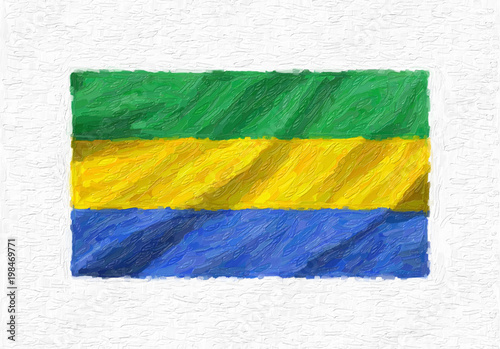 Gabon hand painted waving national flag, oil paint isolated on white canvas, 3D illustration.