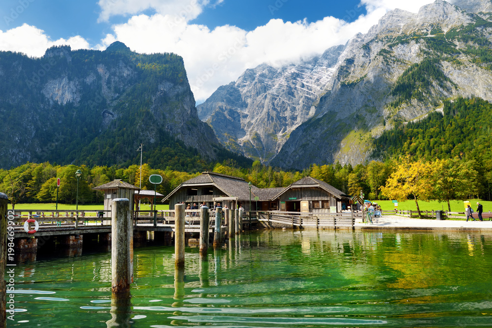 St. Bartholomew pier on Konigssee, known as Germany's deepest and cleanest lake, located in the extreme southeast Berchtesgadener Land district of Bavaria.