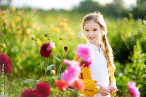 Cute little girl playing in blossoming dahlia field. Child picking fresh flowers in dahlia meadow on sunny summer day