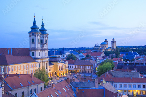 Beautiful view of the Minorit church and the panorama of the city of Eger, Hungary, at sunset