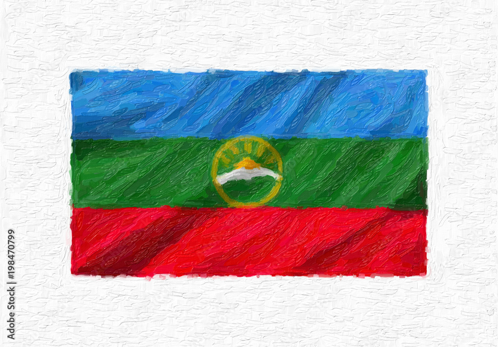 Fototapeta premium Karachay Cherkessia hand painted waving national flag, oil paint isolated on white canvas, 3D illustration.