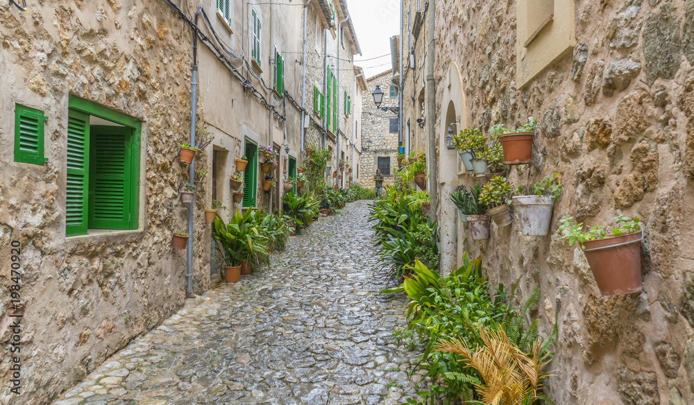 Vacation, Beautiful street in Valldemossa with traditional flower decoration, famous old mediterranean village of Majorca. Balearic island Mallorca, Spain