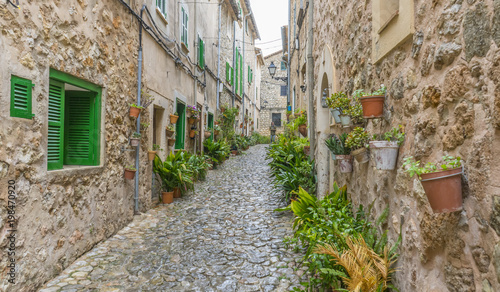 Vacation  Beautiful street in Valldemossa with traditional flower decoration  famous old mediterranean village of Majorca. Balearic island Mallorca  Spain