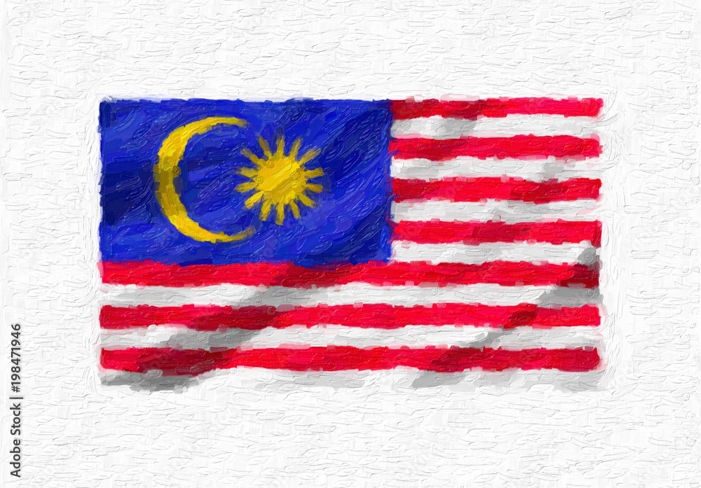Malaysia hand painted waving national flag, oil paint isolated on white canvas, 3D illustration.