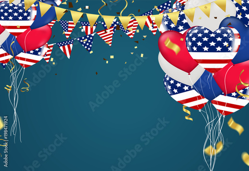 4th July USA Independence day balloons vector triangular flags ropes set on dark background