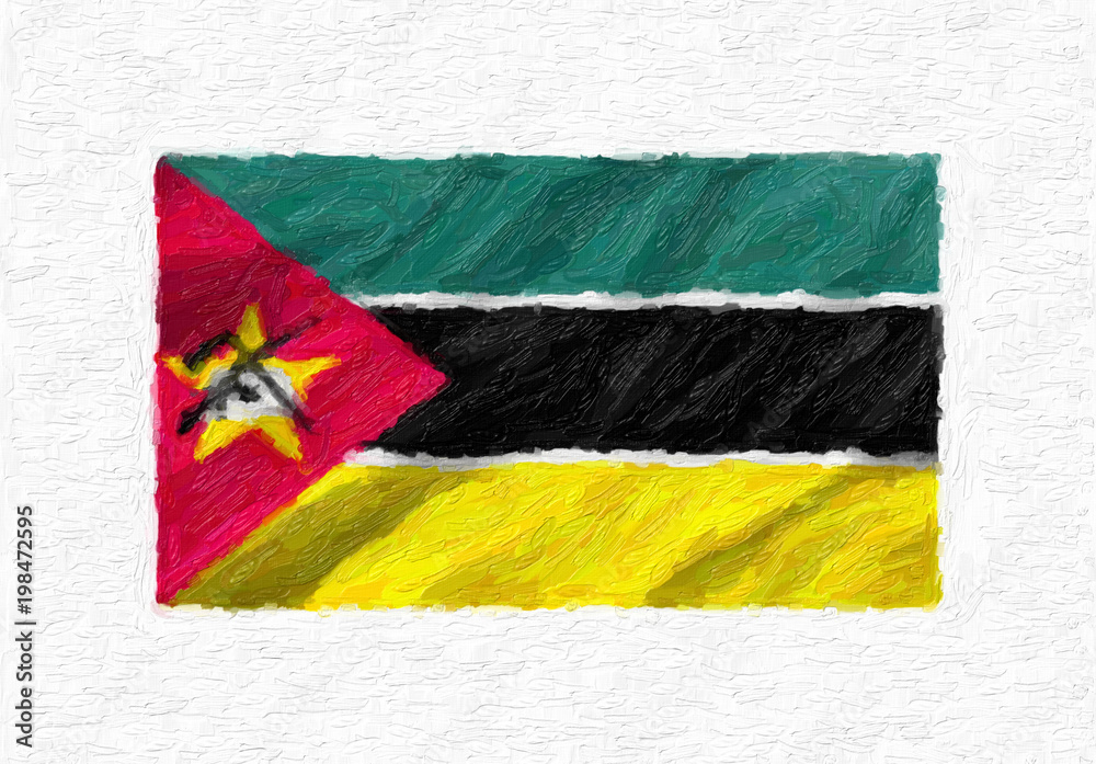 Fototapeta premium Mozambique hand painted waving national flag, oil paint isolated on white canvas, 3D illustration.