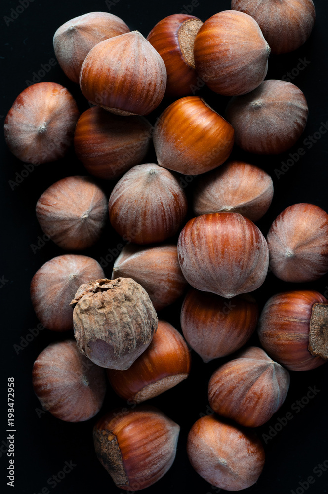 fresh organic hazelnuts on dark surface. nuts background fresh organic hazelnuts on dark surface. nuts background