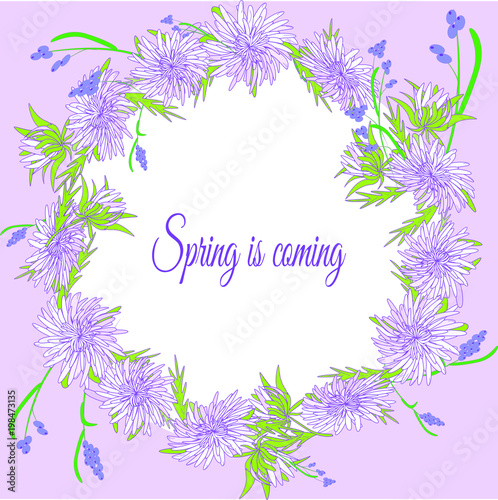 Decorative wreath of spring flowers, text Spring is coming. Vector drawing for the design of postcards, posters, invitations, advertising, stickers, advertising.