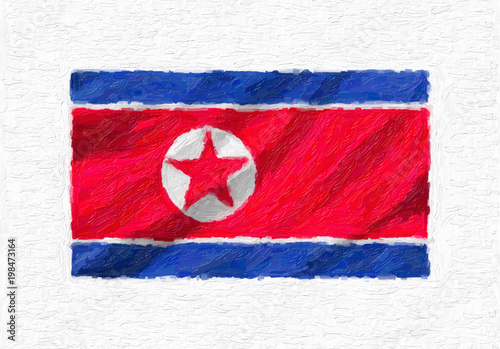North Korea hand painted waving national flag, oil paint isolated on white canvas, 3D illustration.