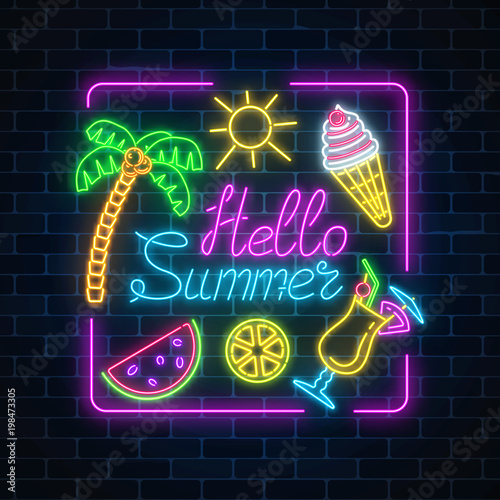 Neon summer poster with lettering and summer things in rectangle frame on dark brick wall background.