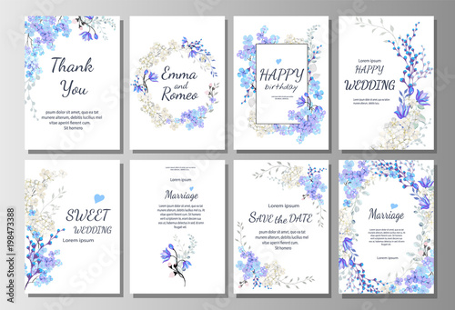 Set of card with blue wild flowers, leaves. Wedding ornament concept. Floral poster, invite. Vector decorative greeting card or invitation design background