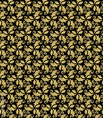 Floral vector black and golden ornament. Seamless abstract classic background with flowers. Pattern with repeating floral elements