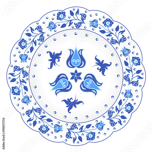 Decorative porcelain plate ornate in traditional Russian style Gzhel