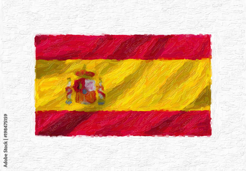 Fototapeta premium Spain hand painted waving national flag, oil paint isolated on white canvas, 3D illustration.