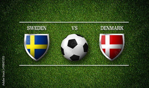 Football Match schedule, Sweden vs Denmark, flags of countries and soccer ball - 3D rendering