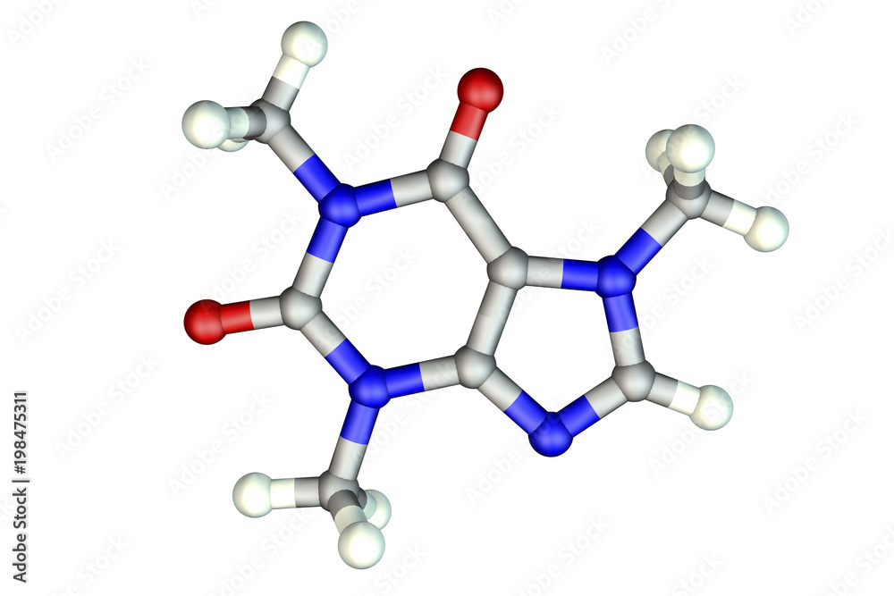 Caffeine molecule, illustration. Caffeine is found in coffee, tea, energy drinks, is used in medicine Caffeine molecule, illustration. Caffeine is found in coffee, tea, energy drinks, is used in medicine