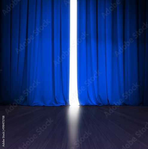 theater blue curtain slightly open with bright light behind and wood stage or scene