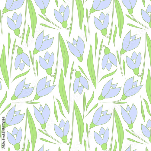 Spring flowers pattern. Light blue snowdrops and green leaves.