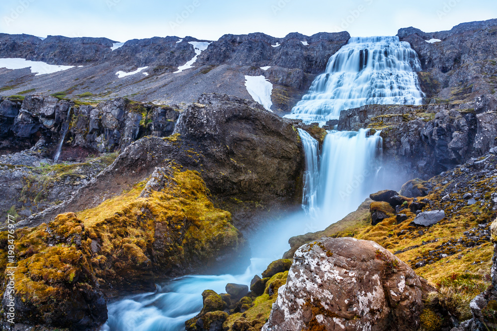 Fototapeta premium Dynjandi foss cascade waterfall with mossy canyon in the foreground, West Iceland