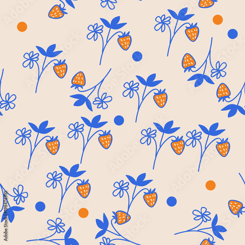 Seamless strawberry pattern , leaves, branches. Hand drawn.