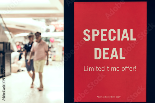 Special deal sign in the shopping mall in Asia.