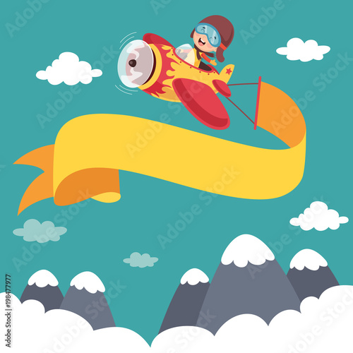 Vector Illustration Of Kid Flying Plane With Banner