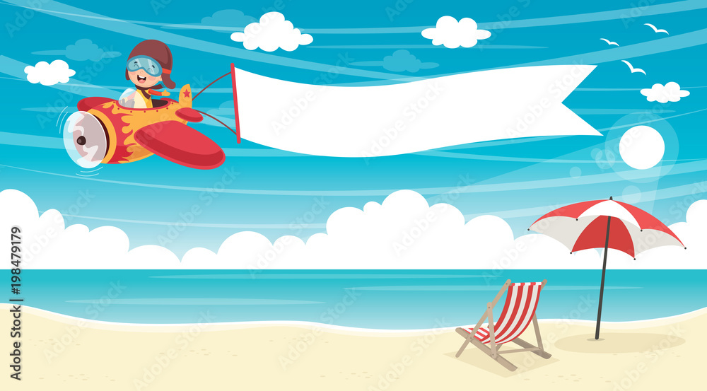 Vector Illustration Of Kid Flying Plane With Banner