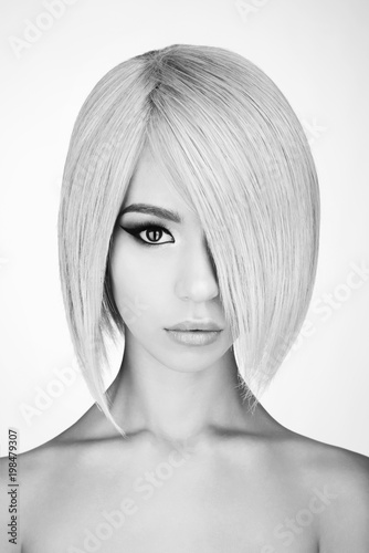 Lovely asian woman with blonde short hair