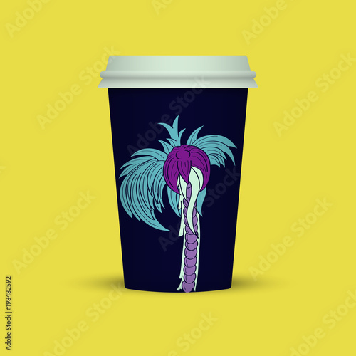 Coffee cup with abstract palm vector illustration. coffee take away photo