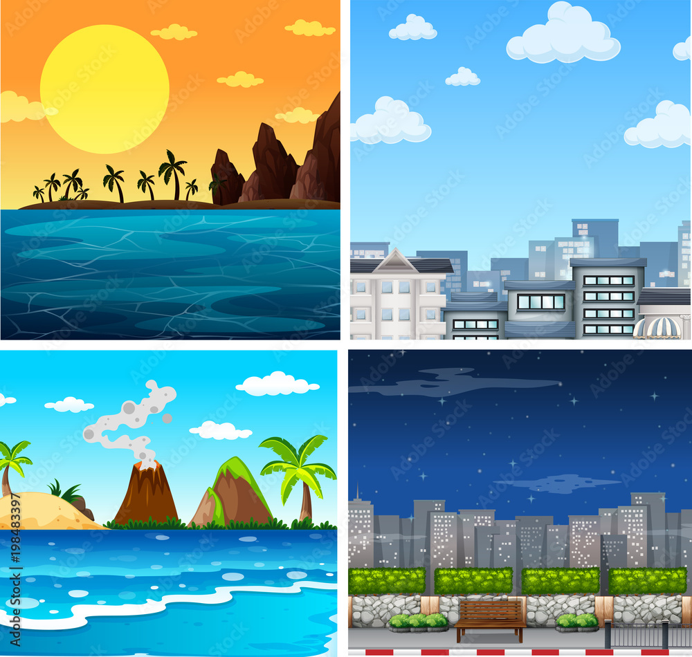 Four background scenes of ocean and city