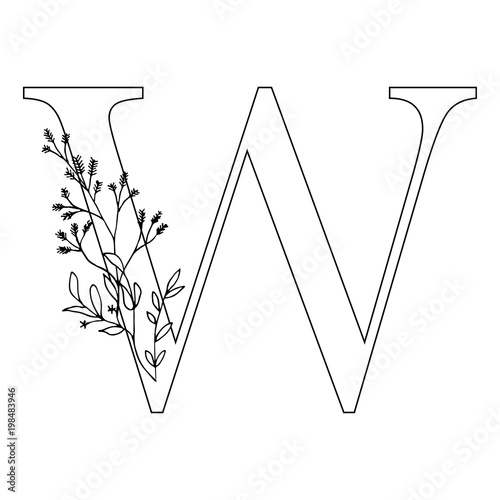 Floral letter W. Romantic lettering design with flowers.
