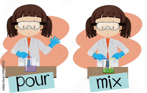 Words pour and mix with girl doing experiment