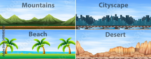 Four background scenes of different places