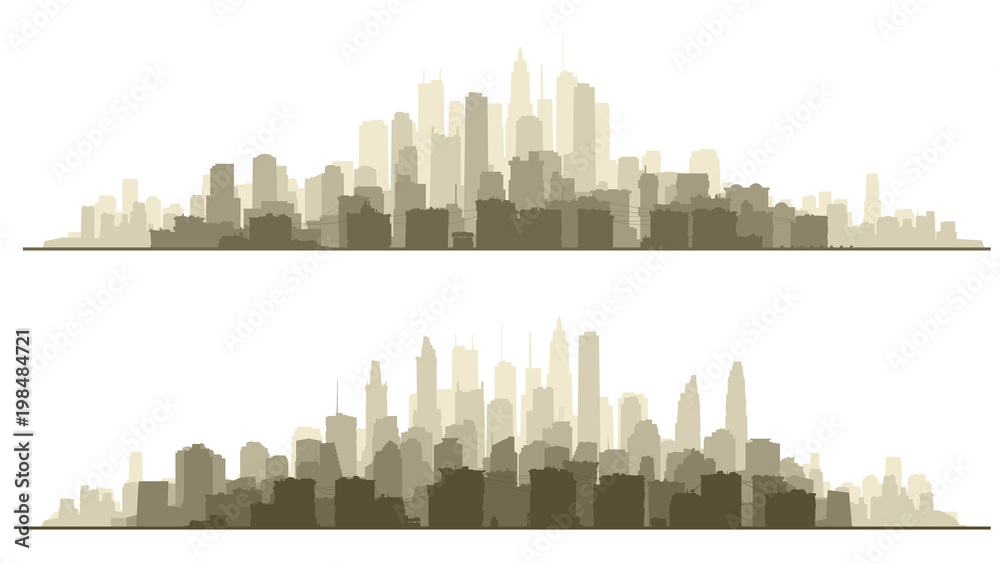 Horizontal line silhouettes of downtown and skyscrapers.