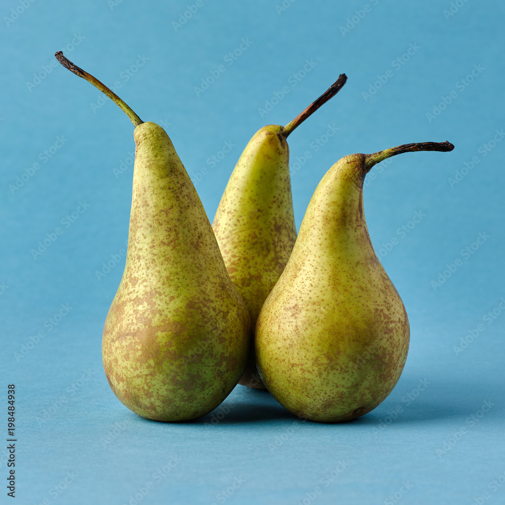 Three yellow pears on a light blue paper background. Three yellow pears on a light blue paper background.